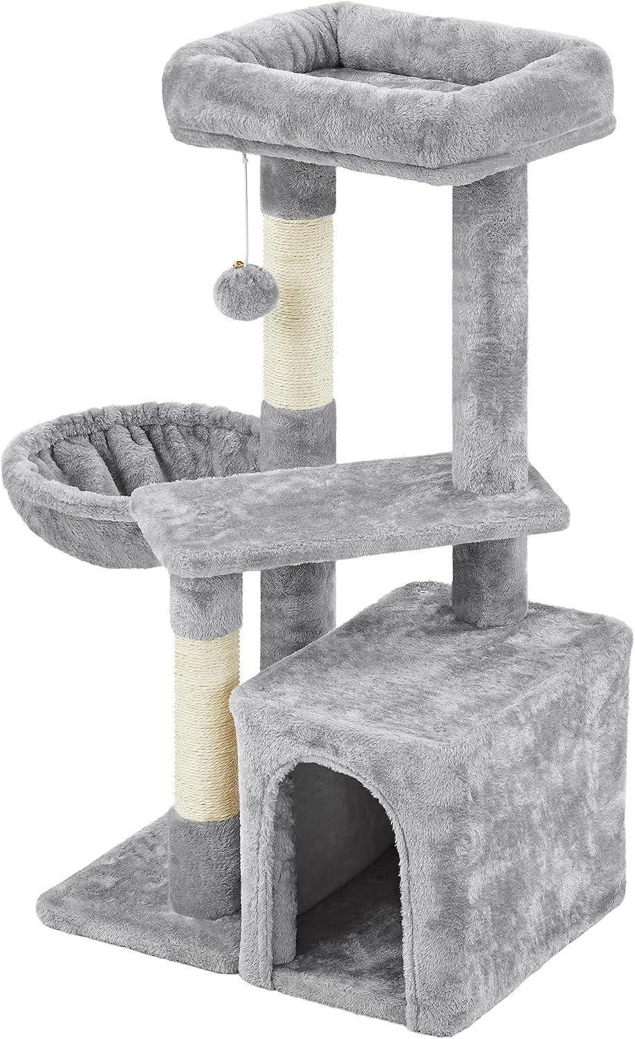 34-Inch Small Cat Tree with Condo and Basket for Indoor Cats, Light Gray - Features Scratching Posts, Plush Platforms, and Window Perch for Kittens and Small-Medium Cats up to 11 lbs, Easy Assembly