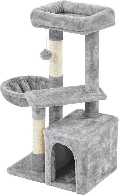 34-Inch Small Cat Tree with Condo and Basket for Indoor Cats, Light Gray - Features Scratching Posts, Plush Platforms, and Window Perch for Kittens and Small-Medium Cats up to 11 lbs, Easy Assembly
