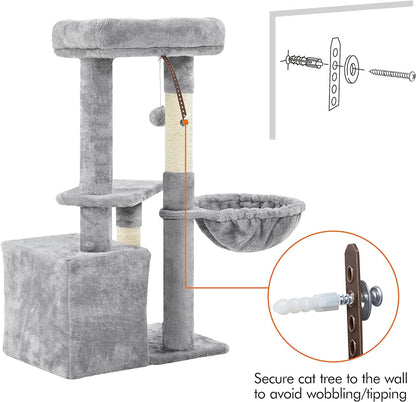 34-Inch Small Cat Tree with Condo and Basket for Indoor Cats, Light Gray - Features Scratching Posts, Plush Platforms, and Window Perch for Kittens and Small-Medium Cats up to 11 lbs, Easy Assembly