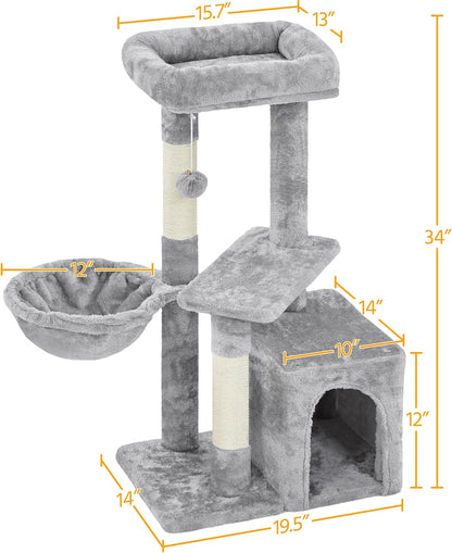 34-Inch Small Cat Tree with Condo and Basket for Indoor Cats, Light Gray - Features Scratching Posts, Plush Platforms, and Window Perch for Kittens and Small-Medium Cats up to 11 lbs, Easy Assembly