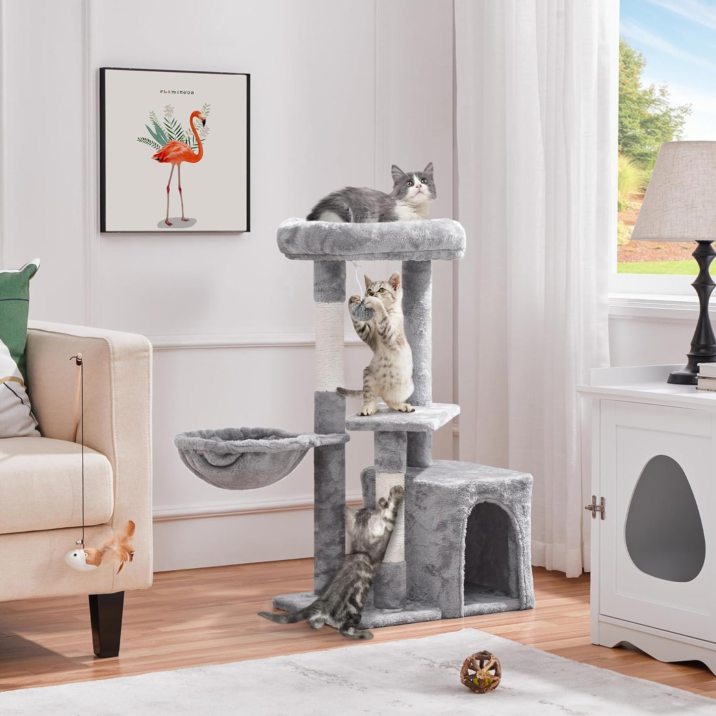 34-Inch Small Cat Tree with Condo and Basket for Indoor Cats, Light Gray - Features Scratching Posts, Plush Platforms, and Window Perch for Kittens and Small-Medium Cats up to 11 lbs, Easy Assembly