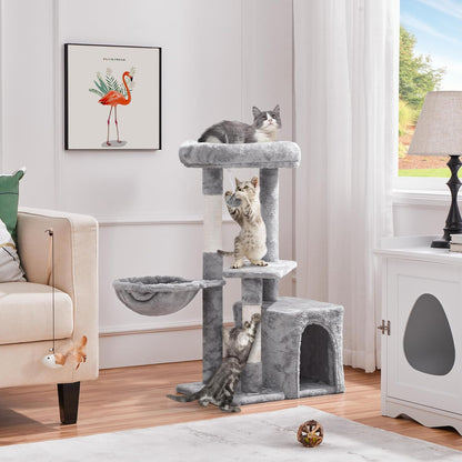 34-Inch Small Cat Tree with Condo and Basket for Indoor Cats, Light Gray - Features Scratching Posts, Plush Platforms, and Window Perch for Kittens and Small-Medium Cats up to 11 lbs, Easy Assembly